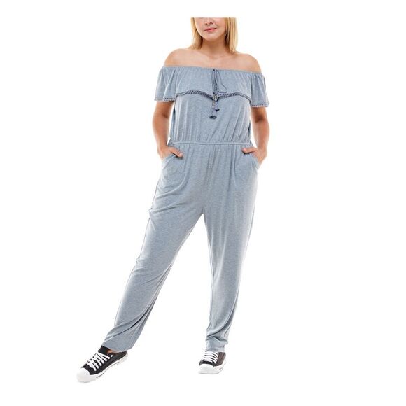 PLANET GOLD PLUS Pants - PLANET GOLD PLUS Womens Gray Tie Crochet Trim Straight leg Jumpsuit Plus 1X